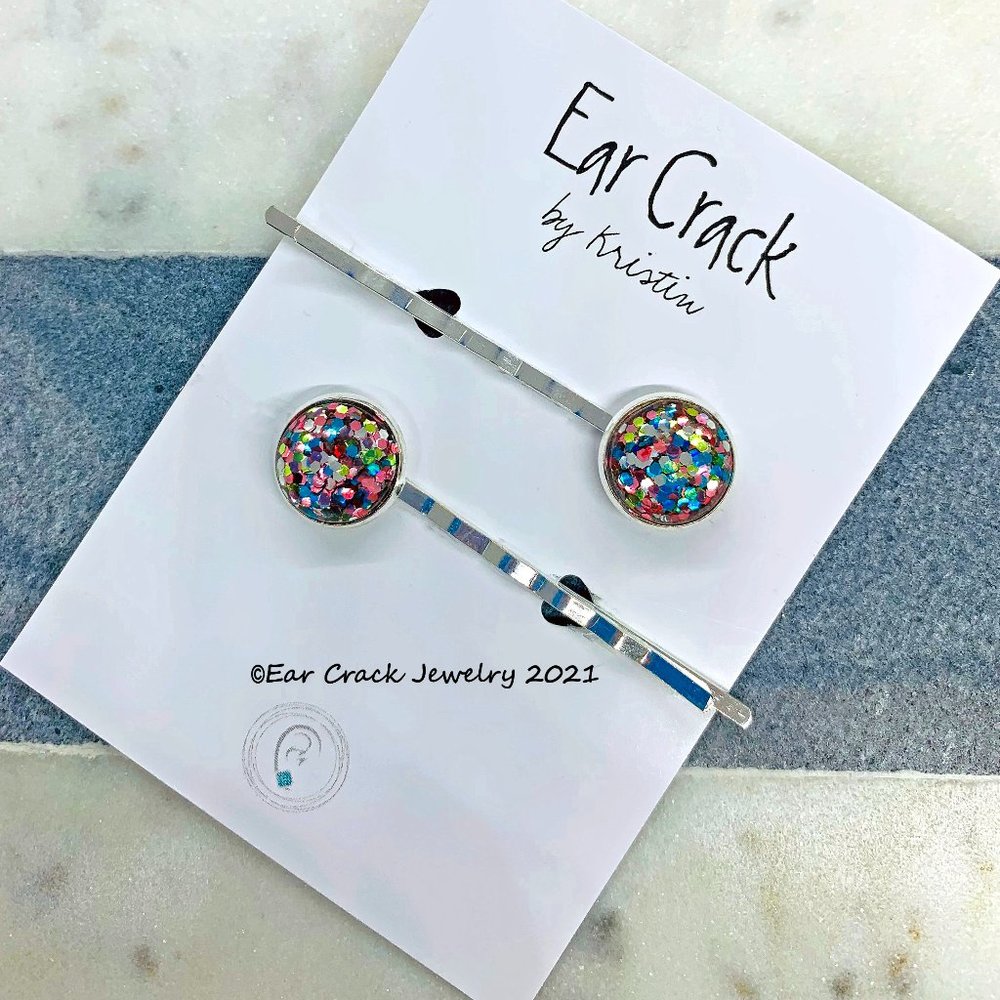 Handmade - Hair Pins with a Rainbow Glitter Resin Setting